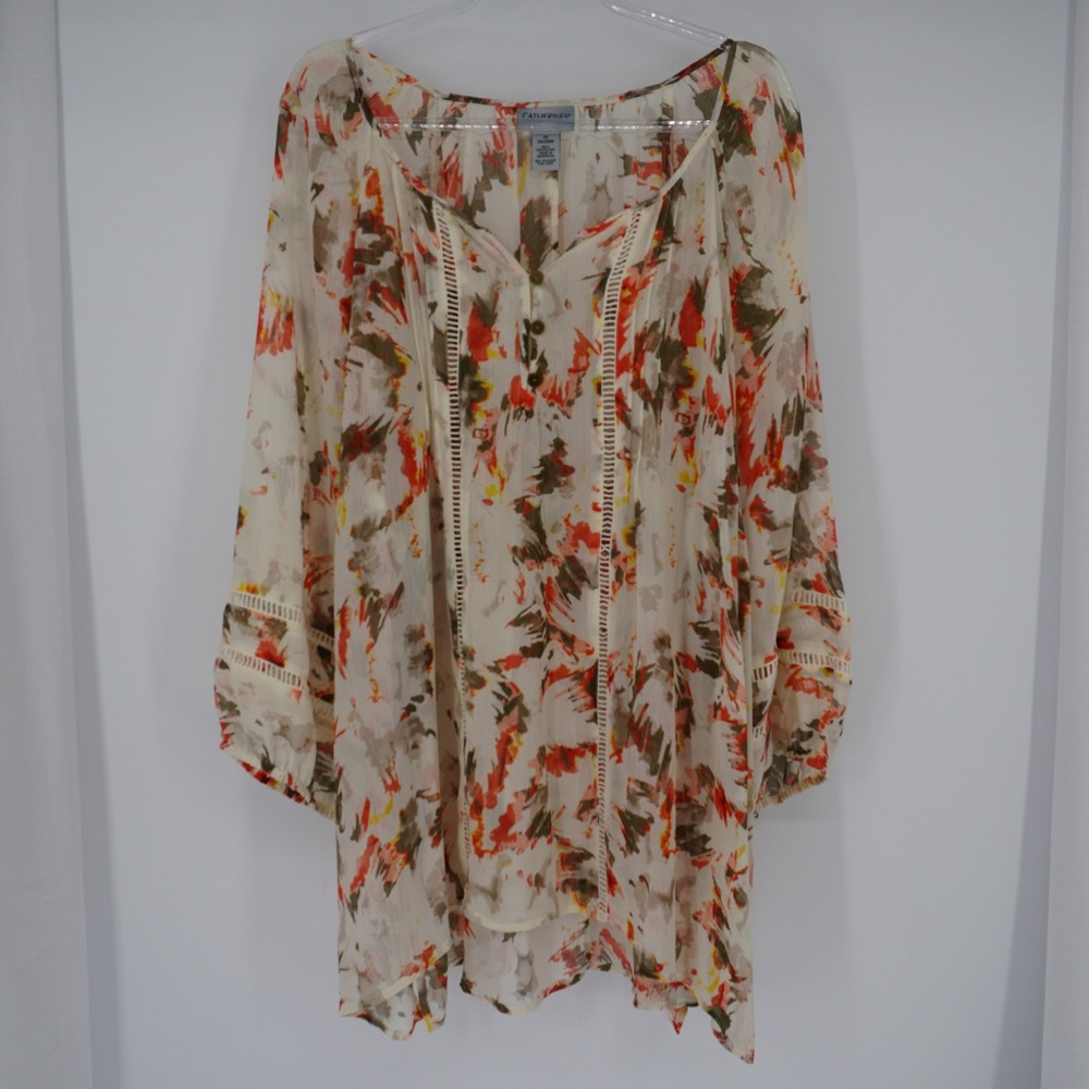 Catherines Womens 3X Abstract Print Chiffon Henley Blouse Ladder‎ Lace Trim